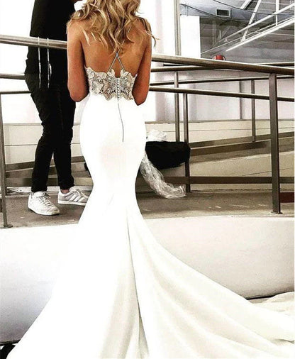 V Neck Spaghetti Straps Ivory Backless Mermaid Prom Dress