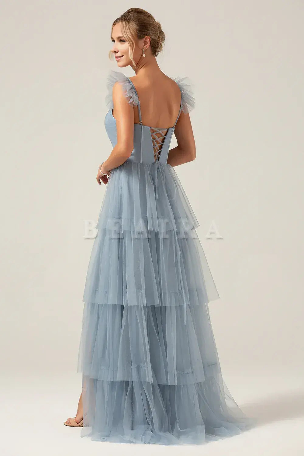 Beaira Dusty Blue A Line Spaghetti Straps Floor Length Tulle Bridesmaid Dress Bridesmaid dress shop