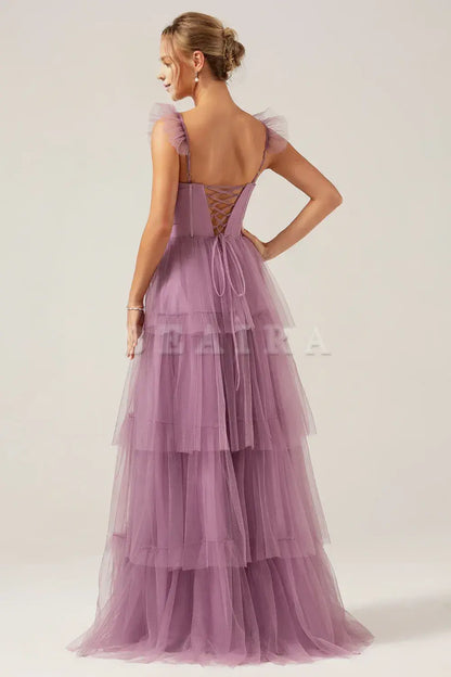 Beaira Purple A Line Spaghetti Straps Floor Length Tulle Bridesmaid Dress Bridesmaid dress shop