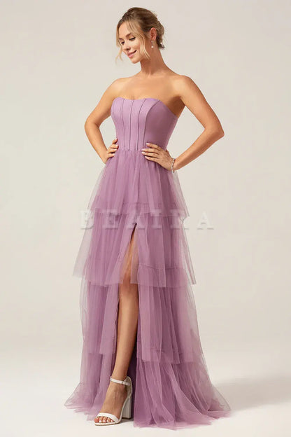 Beaira Purple A Line Spaghetti Straps Floor Length Tulle Bridesmaid Dress Bridesmaid dress shop