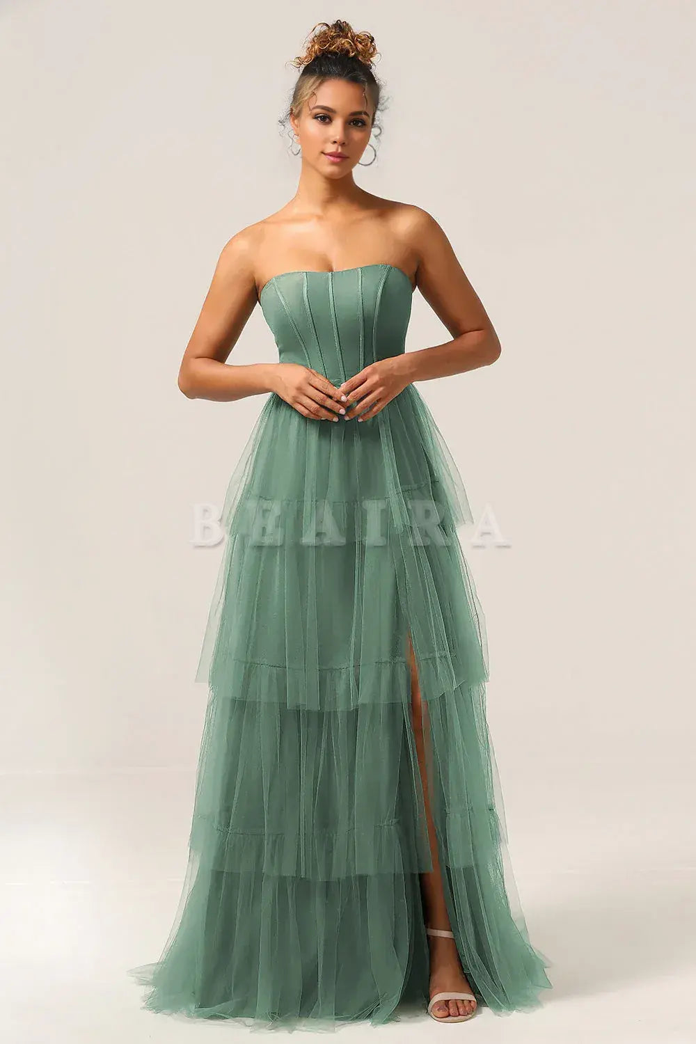 Beaira Eucalyptus A Line Spaghetti Straps Floor Length Tulle Bridesmaid Dress Bridesmaid dress shop