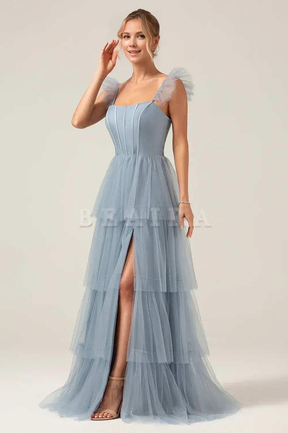 Beaira Dusty Blue A Line Spaghetti Straps Floor Length Tulle Bridesmaid Dress Bridesmaid dress shop