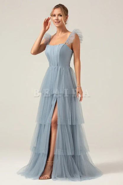 Beaira Dusty Blue A Line Spaghetti Straps Floor Length Tulle Bridesmaid Dress Bridesmaid dress shop