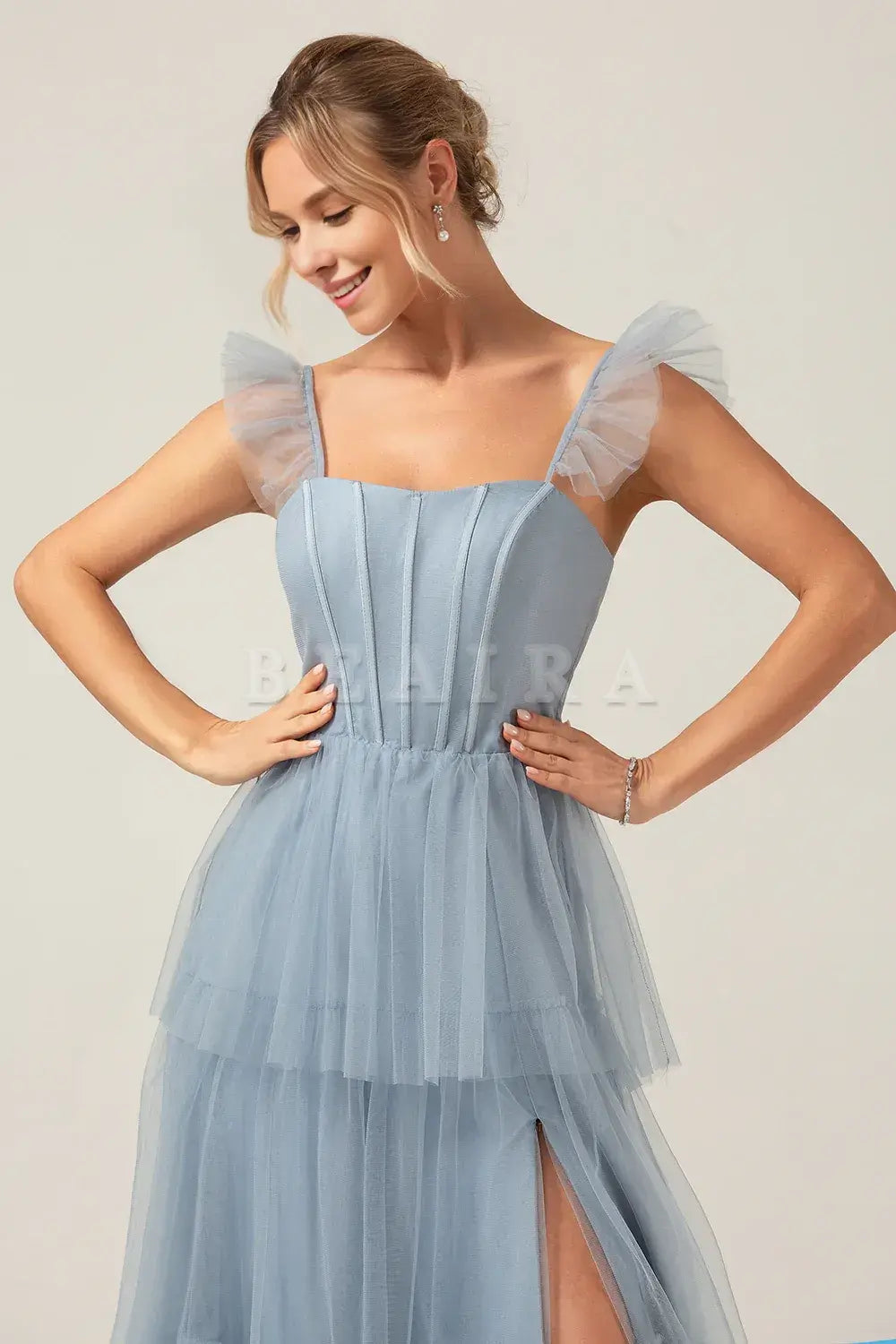 Beaira Dusty Blue A Line Spaghetti Straps Floor Length Tulle Bridesmaid Dress Bridesmaid dress shop