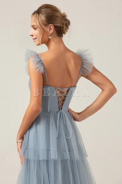 Beaira Dusty Blue A Line Spaghetti Straps Floor Length Tulle Bridesmaid Dress Bridesmaid dress shop