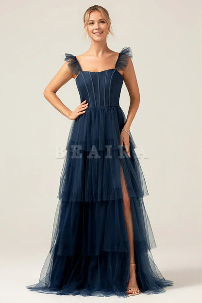 Beaira Navy A Line Spaghetti Straps Floor Length Tulle Bridesmaid Dress Bridesmaid dress shop