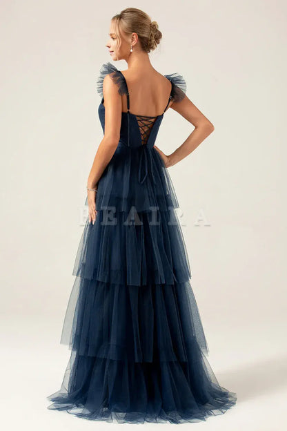 Beaira Navy A Line Spaghetti Straps Floor Length Tulle Bridesmaid Dress Bridesmaid dress shop