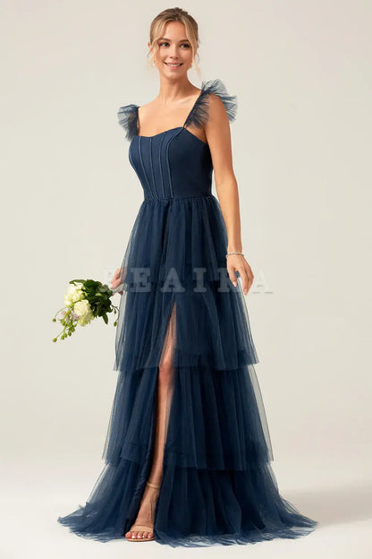 Beaira Navy A Line Spaghetti Straps Floor Length Tulle Bridesmaid Dress Bridesmaid dress shop