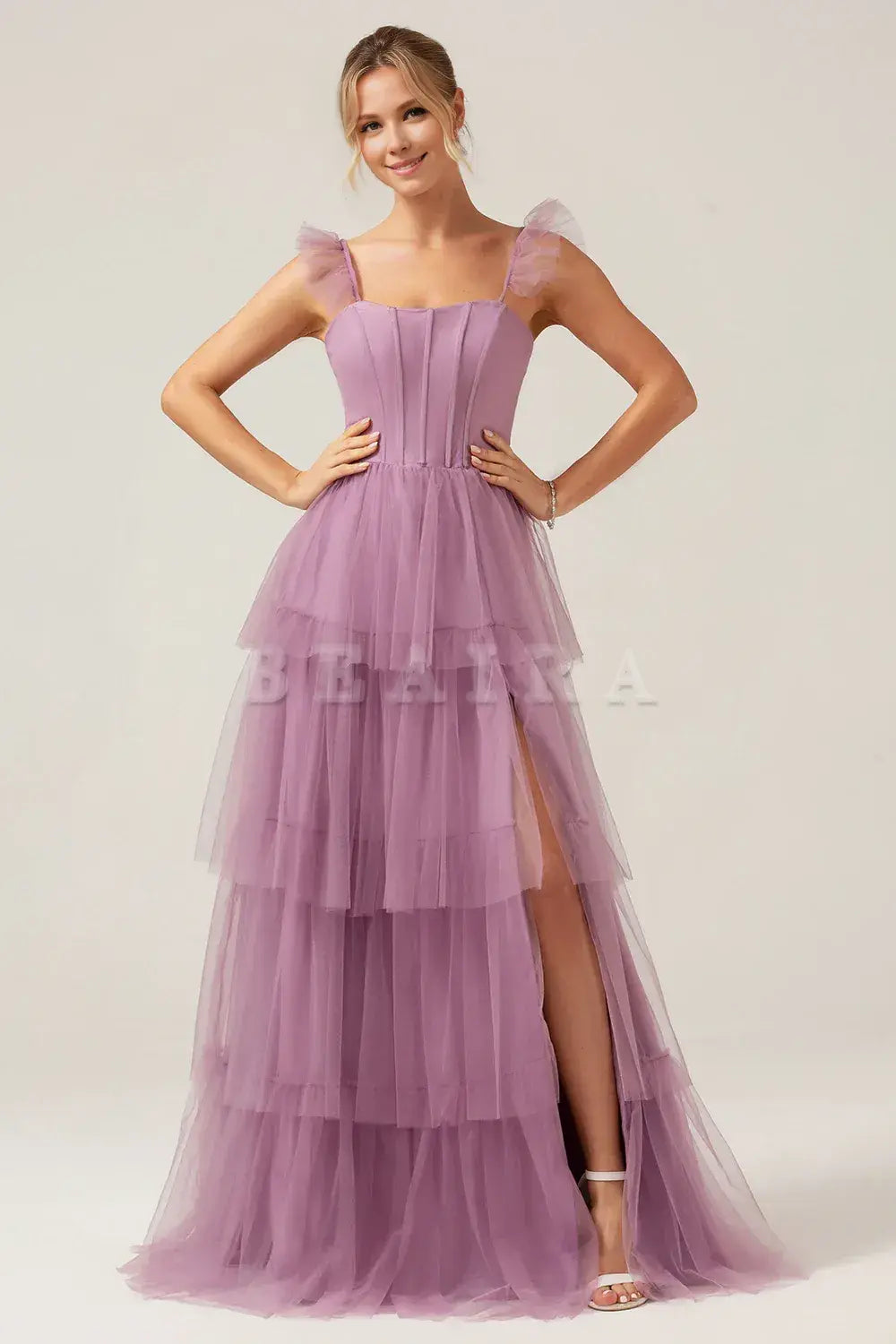 Beaira Purple A Line Spaghetti Straps Floor Length Tulle Bridesmaid Dress Bridesmaid dress shop