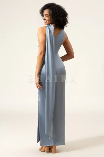 Beaira Dusty Blue Sheath One-Shoulder Long Satin Bridesmaid Dress Bridesmaid dress shop