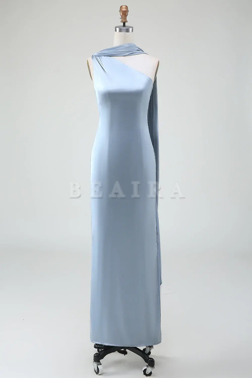 Beaira Dusty Blue Sheath One-Shoulder Long Satin Bridesmaid Dress Bridesmaid dress shop