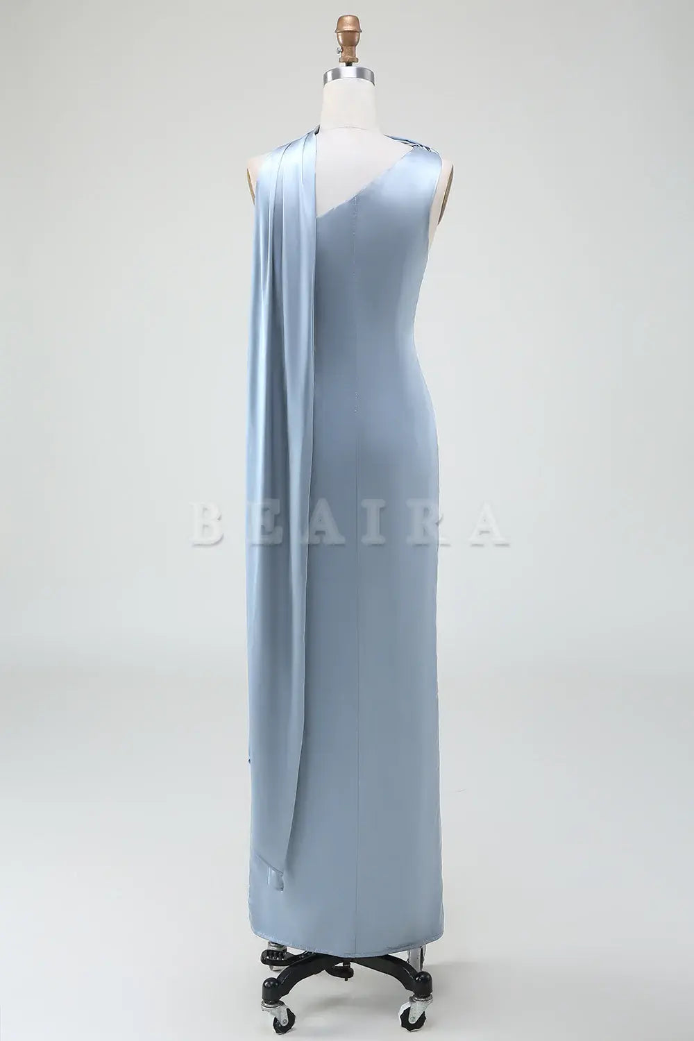 Beaira Dusty Blue Sheath One-Shoulder Long Satin Bridesmaid Dress Bridesmaid dress shop