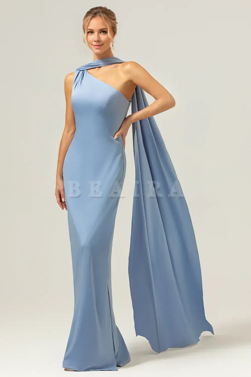 Beaira Dusty Blue Sheath One-Shoulder Satin Long Bridesmaid Dress Bridesmaid dress shop