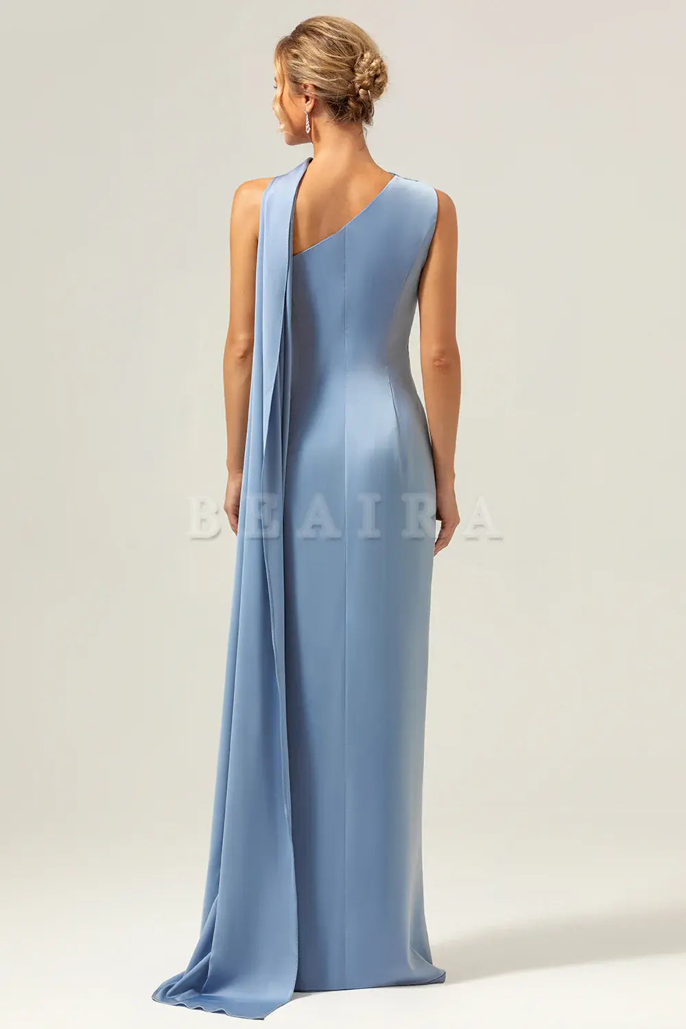 Beaira Dusty Blue Sheath One-Shoulder Satin Long Bridesmaid Dress Bridesmaid dress shop