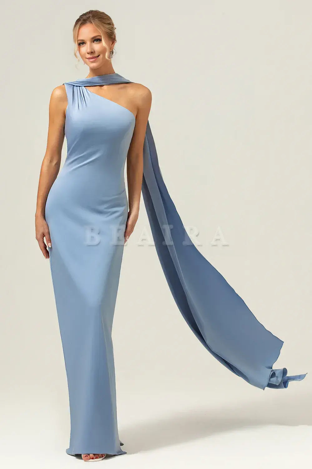 Beaira Dusty Blue Sheath One-Shoulder Satin Long Bridesmaid Dress Bridesmaid dress shop