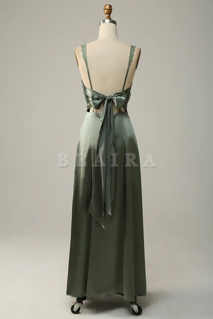 Beaira Dusty Green Sheath Spaghetti Straps Tied Back Satin Bridesmaid Dress Bridesmaid dress shop