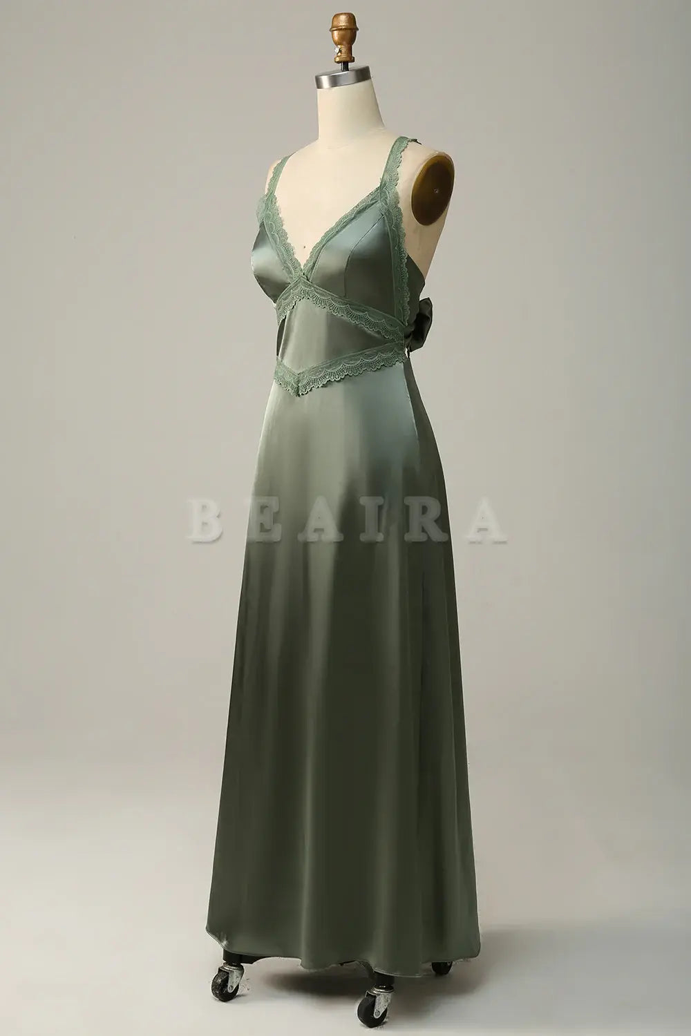 Beaira Dusty Green Sheath Spaghetti Straps Tied Back Satin Bridesmaid Dress Bridesmaid dress shop