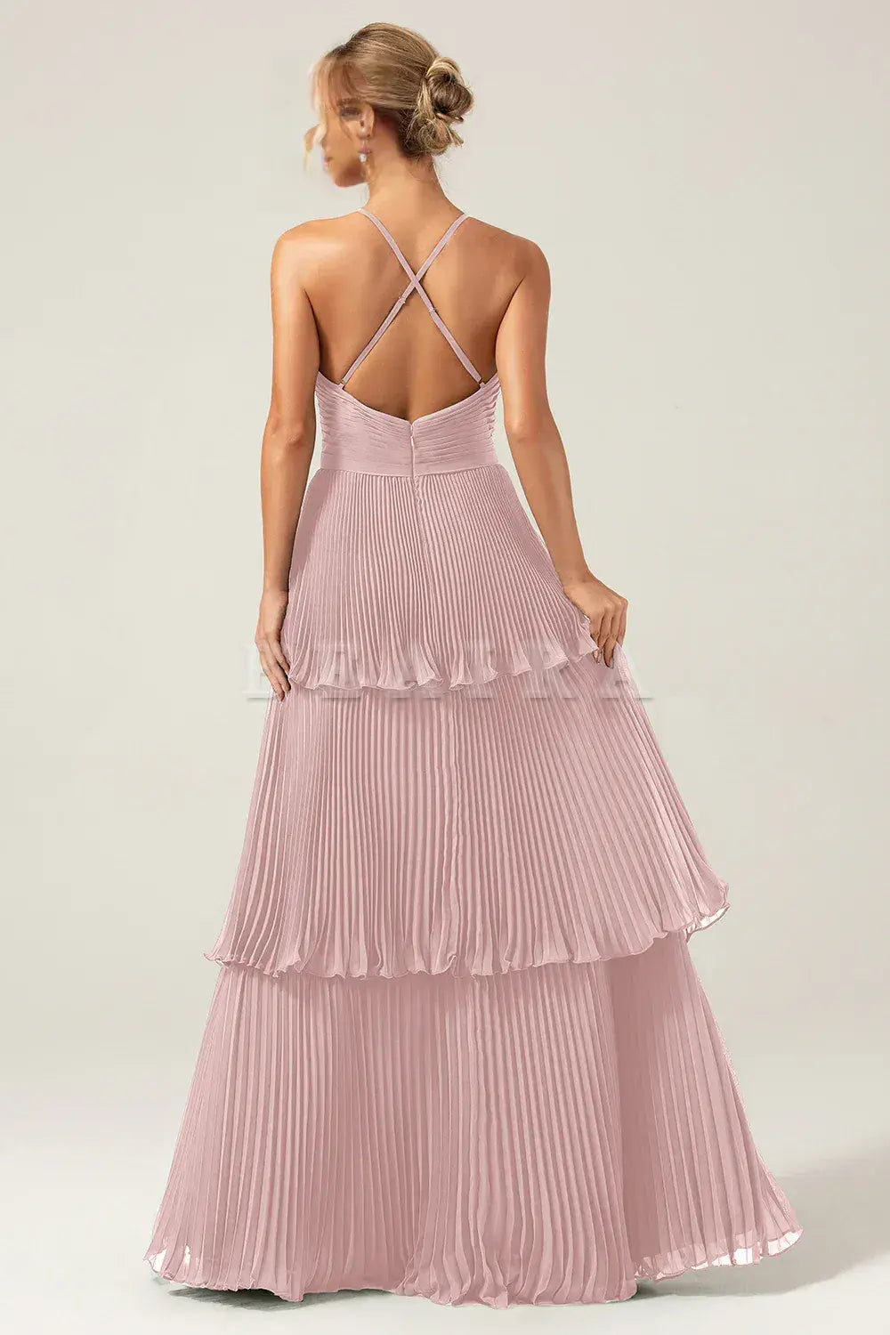 Beaira Dusty Rose A-Line Halter Tiered Floor Length Chiffon Long Bridesmaid Dress Bridesmaid dress shop