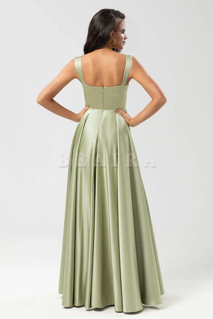 Beaira Dusty Sage A-Line Square Neck Floor-Length Satin Bridesmaid Dress Bridesmaid dress shop