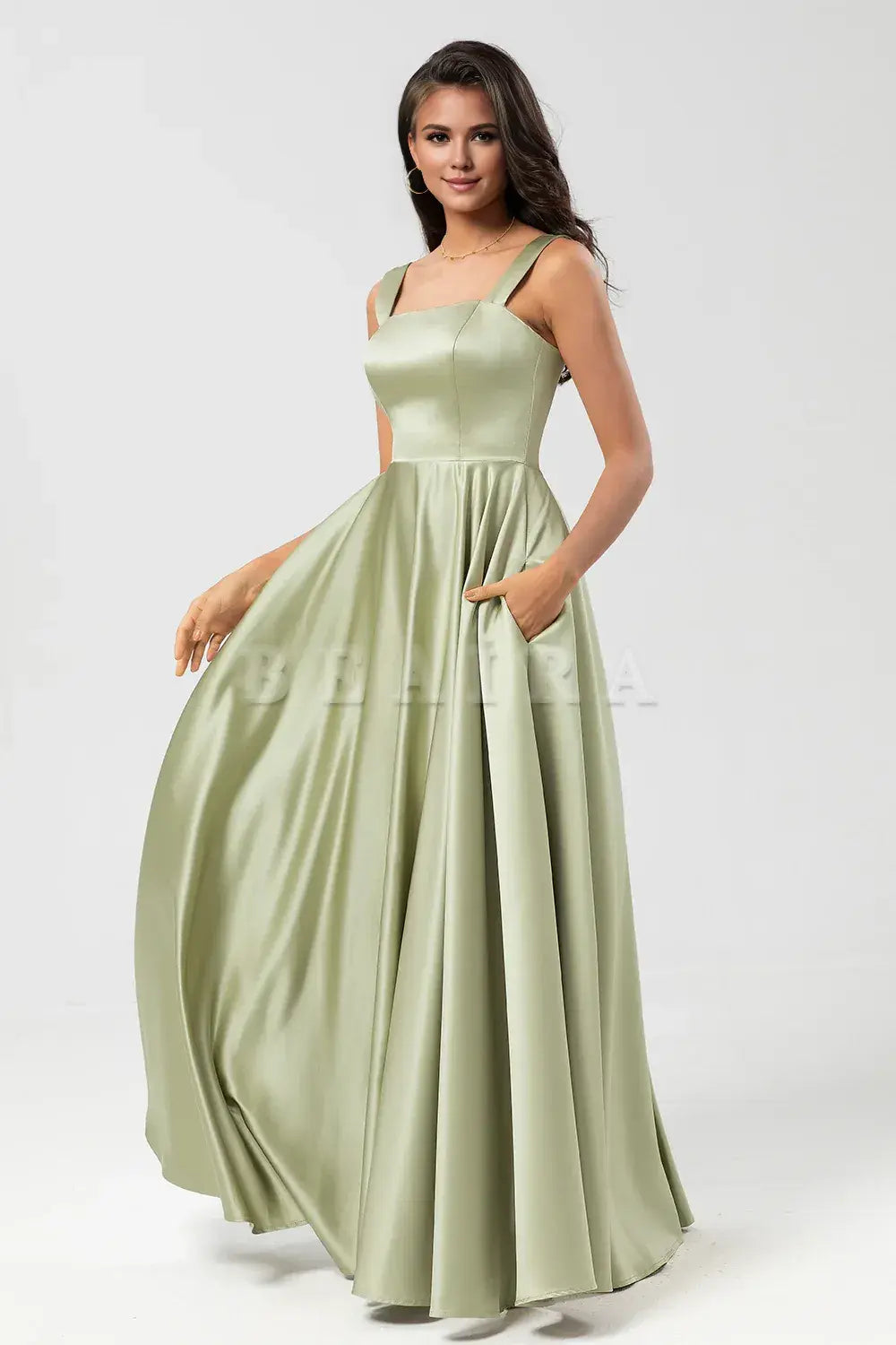 Beaira Dusty Sage A-Line Square Neck Floor-Length Satin Bridesmaid Dress Bridesmaid dress shop