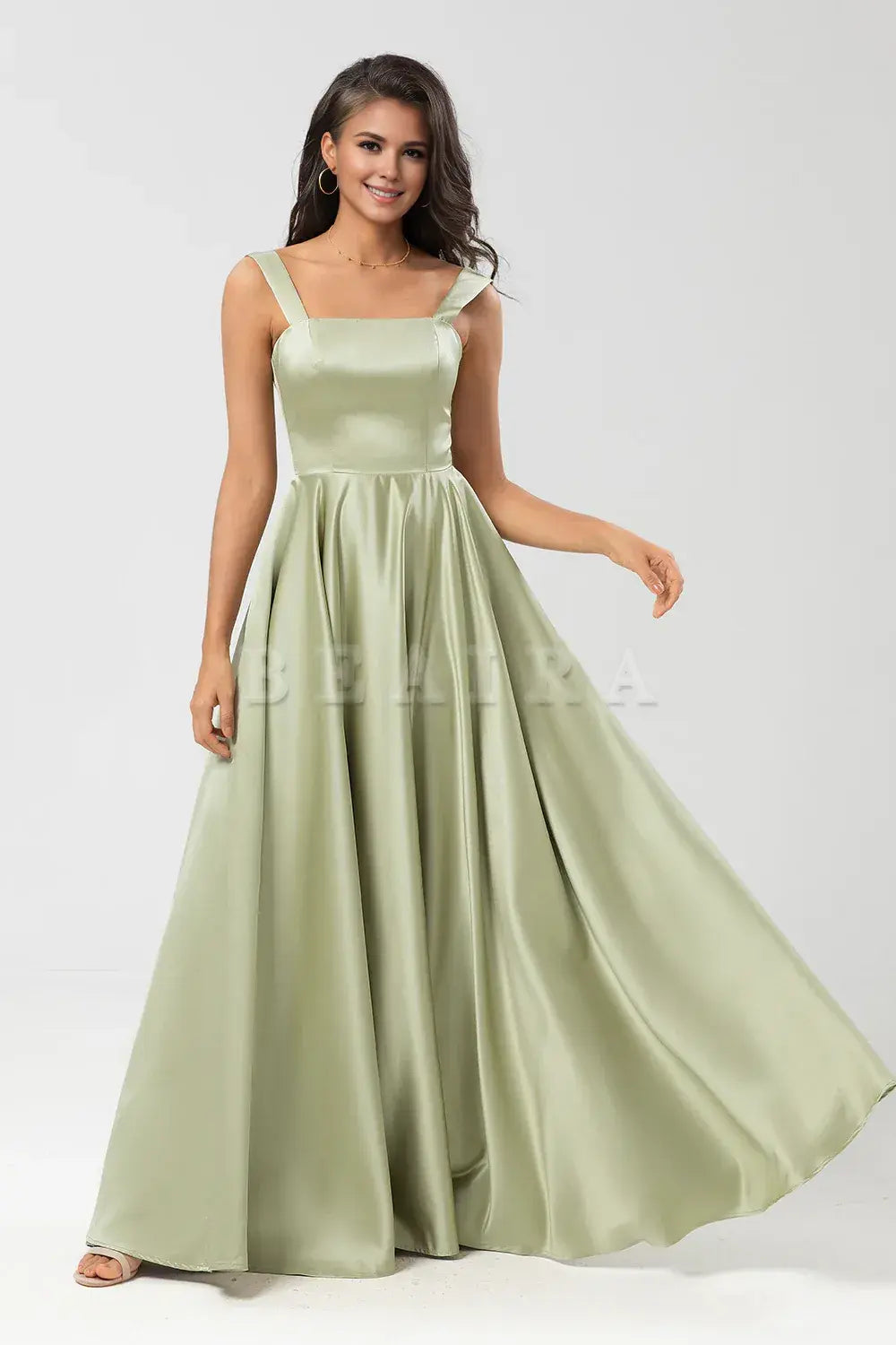 Beaira Dusty Sage A-Line Square Neck Floor-Length Satin Bridesmaid Dress Bridesmaid dress shop