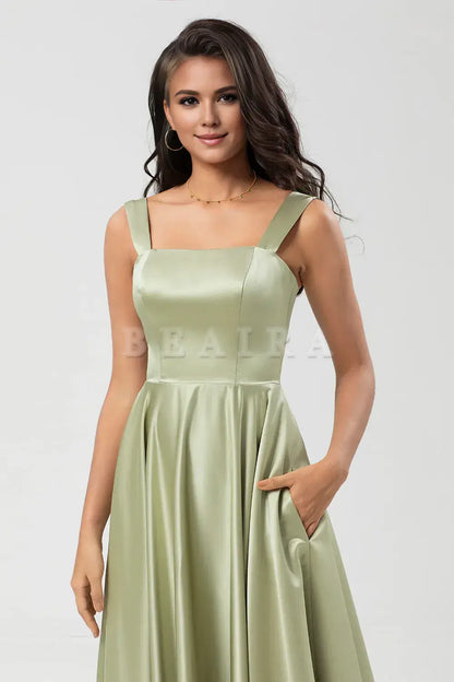 Beaira Dusty Sage A-Line Square Neck Floor-Length Satin Bridesmaid Dress Bridesmaid dress shop