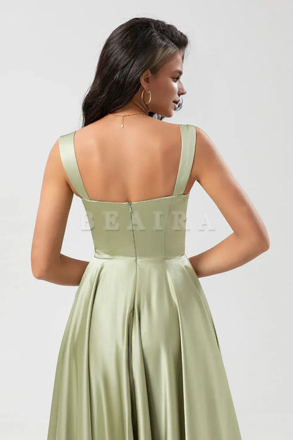 Beaira Dusty Sage A-Line Square Neck Floor-Length Satin Bridesmaid Dress Bridesmaid dress shop