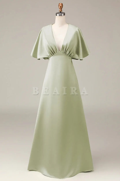 Beaira Dusty Sage A-Line V-Neck Satin Bridesmaid Dress With Short Sleeves Bridesmaid dress shop