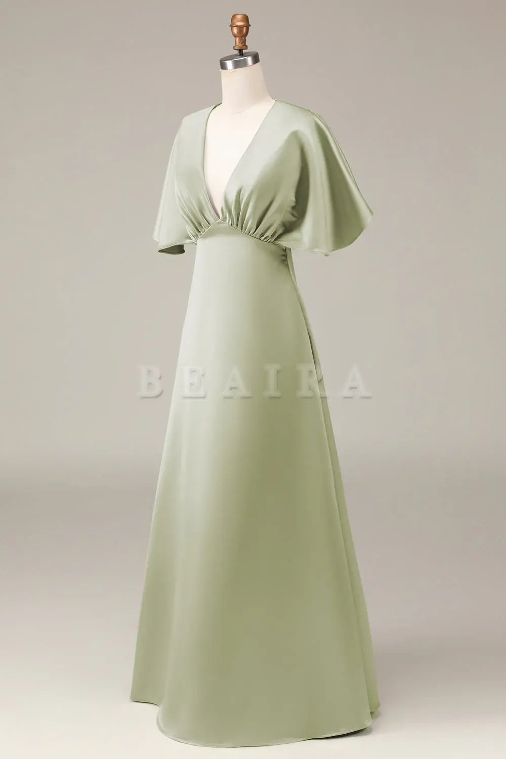 Beaira Dusty Sage A-Line V-Neck Satin Bridesmaid Dress With Short Sleeves Bridesmaid dress shop