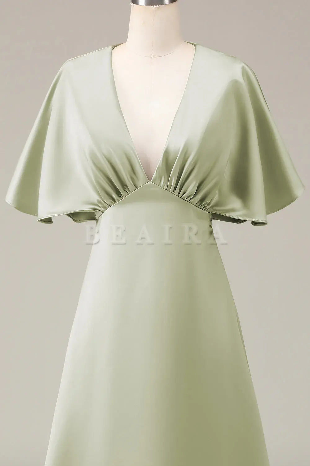 Beaira Dusty Sage A-Line V-Neck Satin Bridesmaid Dress With Short Sleeves Bridesmaid dress shop