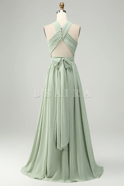 Beaira Dusty Sage A Line Halter Pleated Long Maternity Bridesmaid Dress with Slit Bridesmaid dress shop