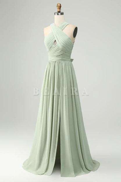 Beaira Dusty Sage A Line Halter Pleated Long Maternity Bridesmaid Dress with Slit Bridesmaid dress shop