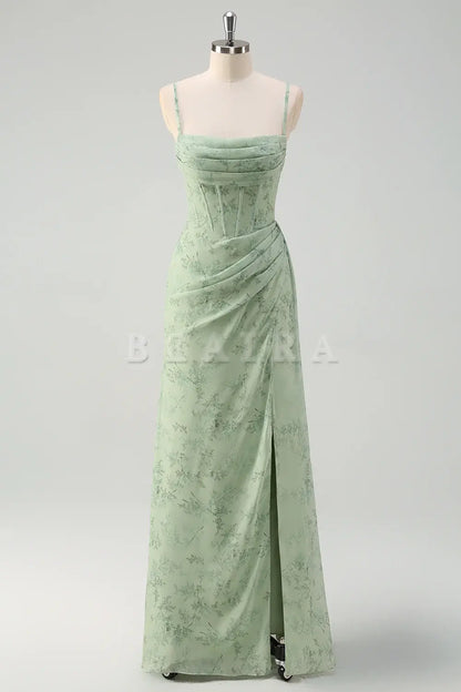 Beaira Dusty Sage Sheath Spaghetti Straps Pleated Long Bridesmaid Dress with Slit Bridesmaid dress shop