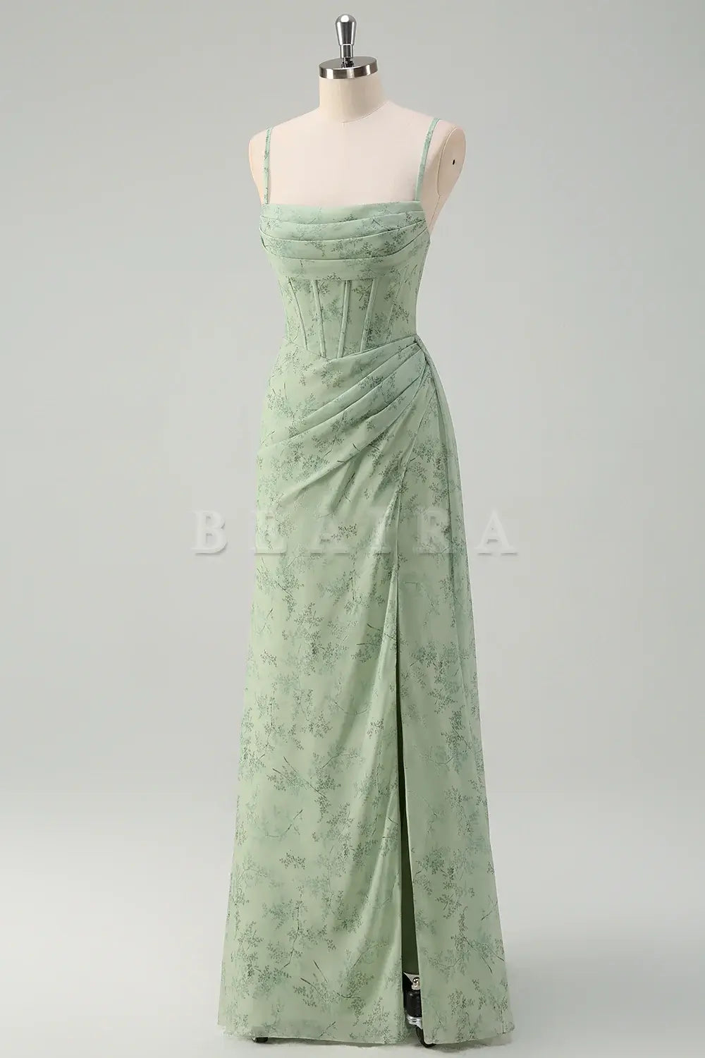 Beaira Dusty Sage Sheath Spaghetti Straps Pleated Long Bridesmaid Dress with Slit Bridesmaid dress shop