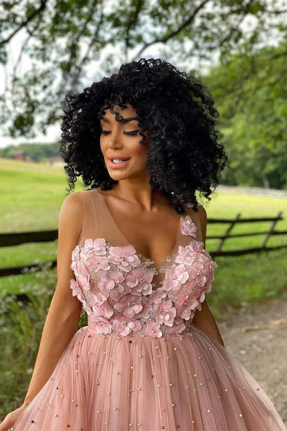 Elegant A-Line Pink Beaded Tulle Homecoming Dress with Flowers