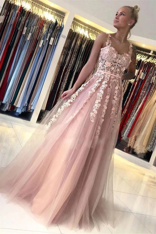 A Line Tulle Straps Prom Dresses with Lace Long Cheap Evening Dress