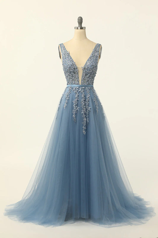 A-Line Tulle V-Neck V-Back Appliques Beads Blue Cheap Prom Dresses