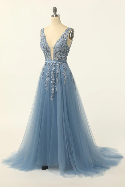 A-Line Tulle V-Neck V-Back Appliques Beads Blue Cheap Prom Dresses