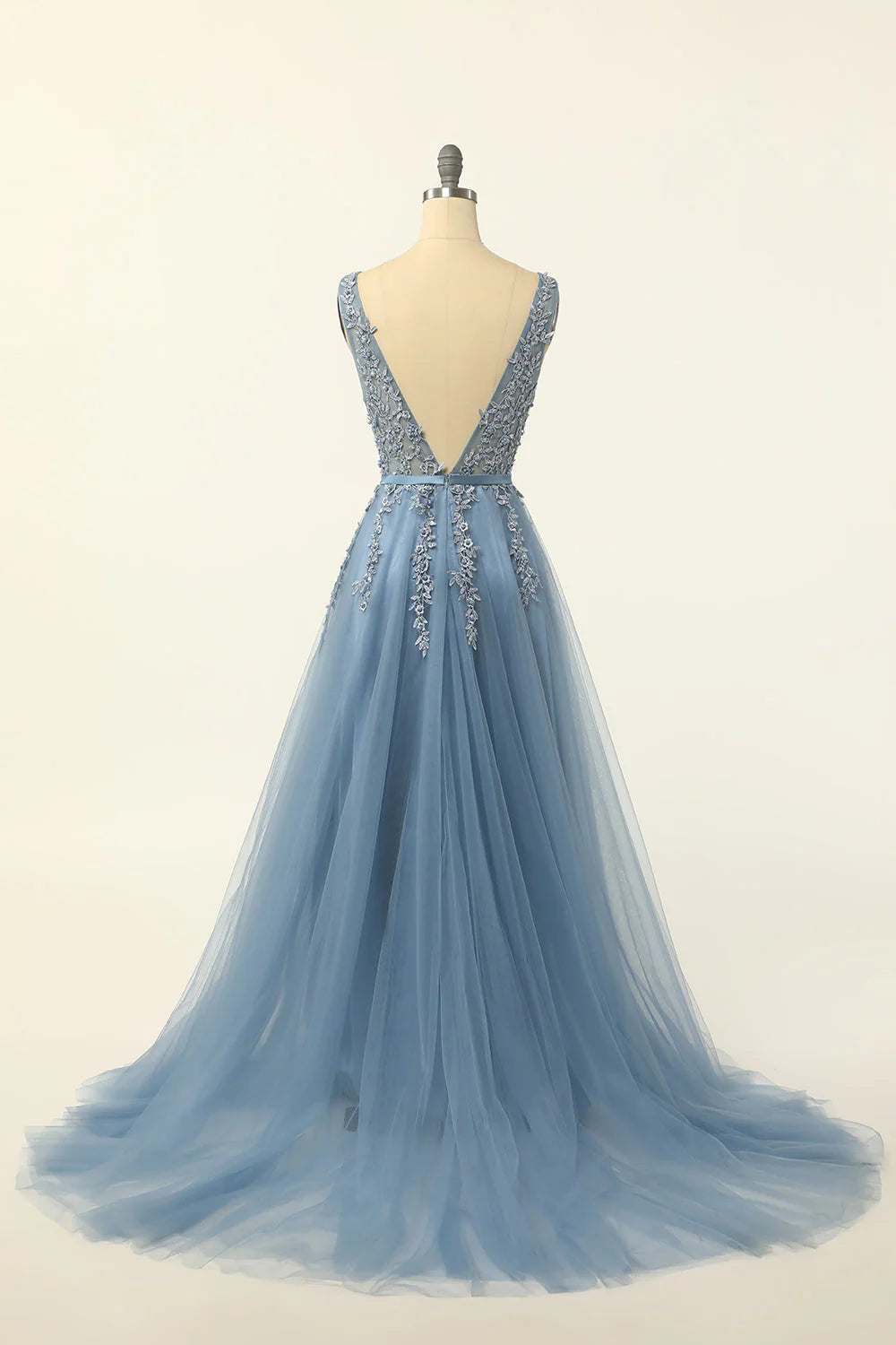 A-Line Tulle V-Neck V-Back Appliques Beads Blue Cheap Prom Dresses