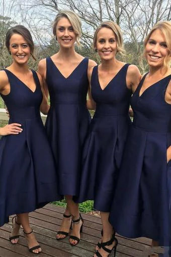 Elegant A-Line V-Neck Sleeveless Hi-Low Navy Blue Satin Bridesmaid Dress