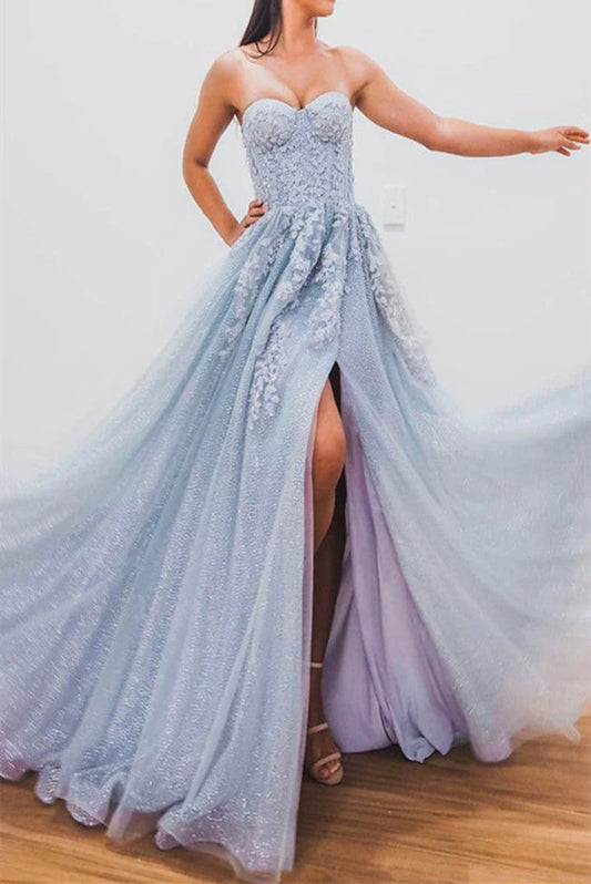 A line Light Blue Tulle Prom Dresses with Appliques Sweetheart Evening Dress