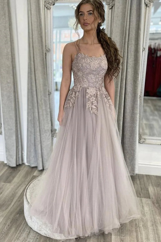 Elegant Backless Gray Lace Long Prom Dress with Thin Straps