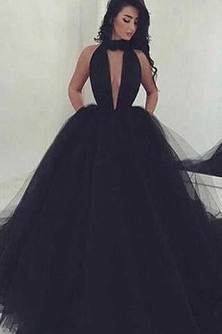 Elegant Black Ball Gown Sexy Backless Sleeveless V-Neck Tulle Long Prom Dresses