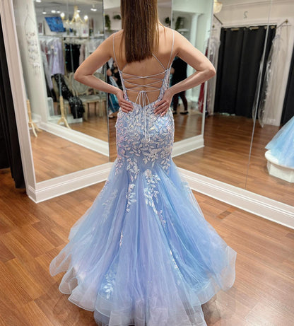 Elegant Blue Spaghetti Straps Tulle Mermaid Prom Dress With Appliques