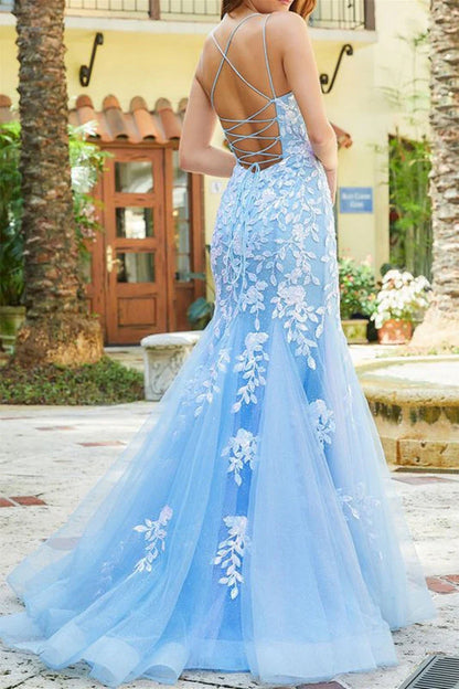 Elegant Blue Spaghetti Straps Tulle Mermaid Prom Dress With Appliques