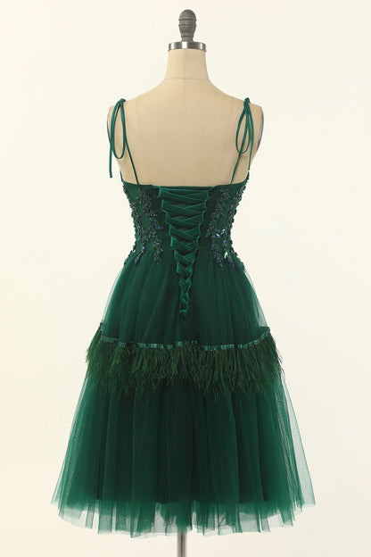 Elegant Green A Line Spaghetti Straps Beaded Tulle Short Homecoming Dress