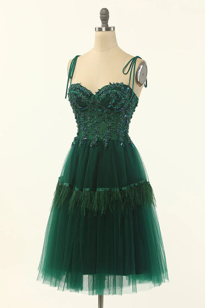 Elegant Green A Line Spaghetti Straps Beaded Tulle Short Homecoming Dress