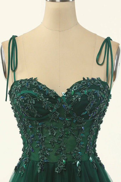 Elegant Green A Line Spaghetti Straps Beaded Tulle Short Homecoming Dress