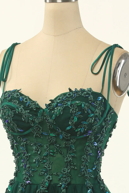 Elegant Green A Line Spaghetti Straps Beaded Tulle Short Homecoming Dress