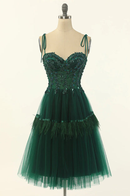 Elegant Green A Line Spaghetti Straps Beaded Tulle Short Homecoming Dress